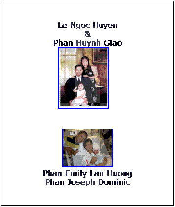 Text Box: Le Ngoc Huyen
&
Phan Huynh Giao
    

 
Phan Emily Lan Huong
Phan Joseph Dominic
